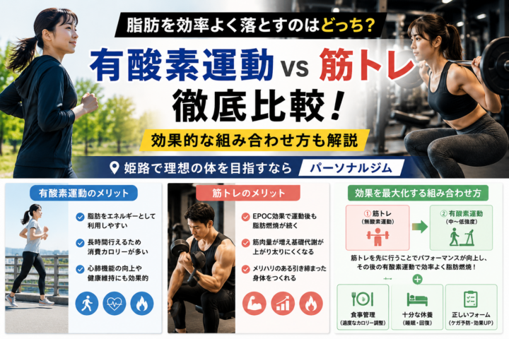 有酸素運動と筋トレはどちらが脂肪燃焼に効果的?効率よく体脂肪を落とす方法を解説/姫路パーソナルジムの画像