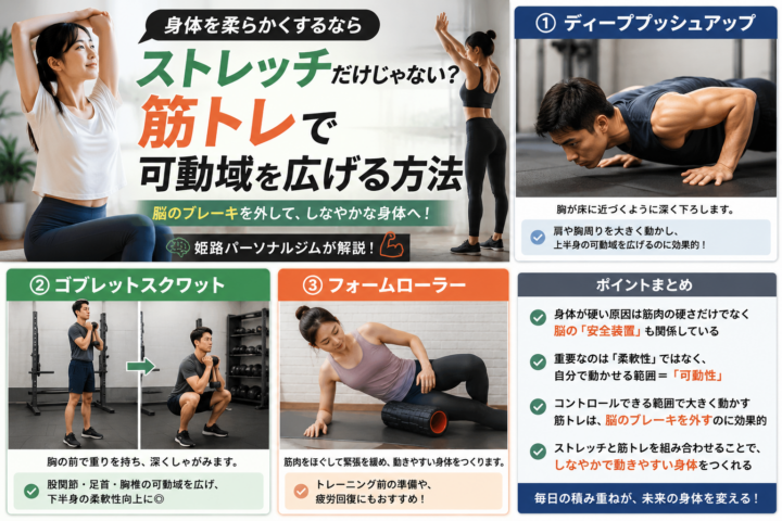 身体を柔らかくするならストレッチだけじゃない?筋トレで可動域を広げる方法/姫路パーソナルジムの画像